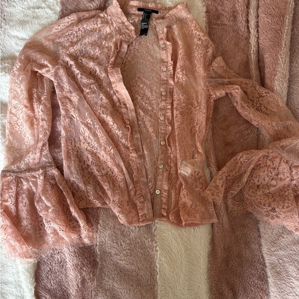 Pink Lace Button-Up Blouse
